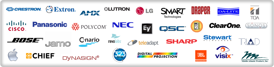 Presentation Products Product Lines: Crestron, Cisco, Bose, Apple, Extron, Panasonic, Jamo, Chief, AMX, Polycom, C-nario, Dynasign, Olutron, NEC, Revolabs, 323link, LG, EV, Teleadapt, Digital Projection, SMART Technologies, QSC, Sharp, Draper, UBL, DA-Lite, ClearOne, Stewart, Visix, TOA, Sonos, Triad, Middle Atlantic Products